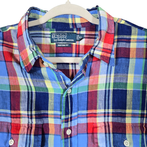 Ralph Lauren Polo Linen Shirt Mens Extra Large Custom Fit Button Up Multi Plaid - Picture 3 of 12